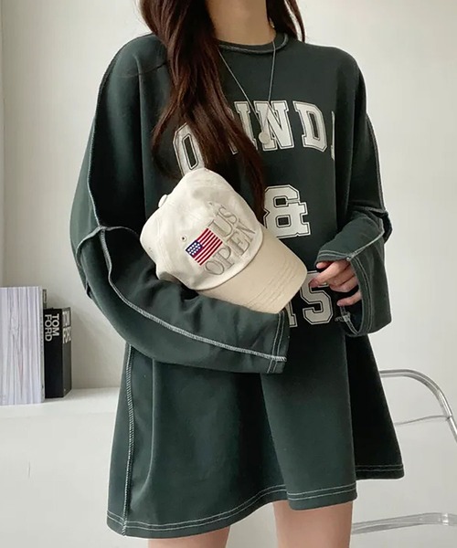 Asterellivi（アステレリビ）の「前プリントビックシルエットロングTシャツ　カットソー（Tシャツ/カットソー・レディース・グリーン/ライトグレー/ブラック・FREE）」の13枚目の写真