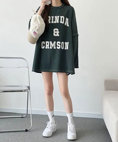 Asterellivi（アステレリビ）の「前プリントビックシルエットロングTシャツ　カットソー（Tシャツ/カットソー・レディース・グリーン/ライトグレー/ブラック・FREE）」の14枚目の写真