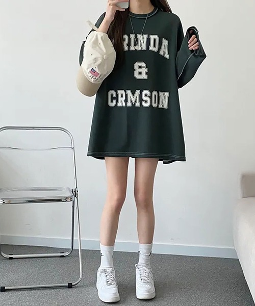 Asterellivi（アステレリビ）の「前プリントビックシルエットロングTシャツ　カットソー（Tシャツ/カットソー・レディース・グリーン/ライトグレー/ブラック・FREE）」の15枚目の写真