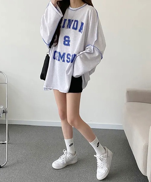 Asterellivi（アステレリビ）の「前プリントビックシルエットロングTシャツ　カットソー（Tシャツ/カットソー・レディース・グリーン/ライトグレー/ブラック・FREE）」の6枚目の写真