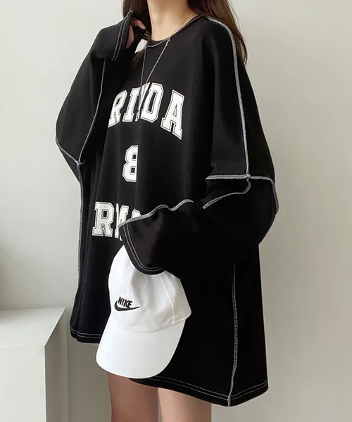 Asterellivi（アステレリビ）の「前プリントビックシルエットロングTシャツ　カットソー（Tシャツ/カットソー・レディース・グリーン/ライトグレー/ブラック・FREE）」の21枚目の写真
