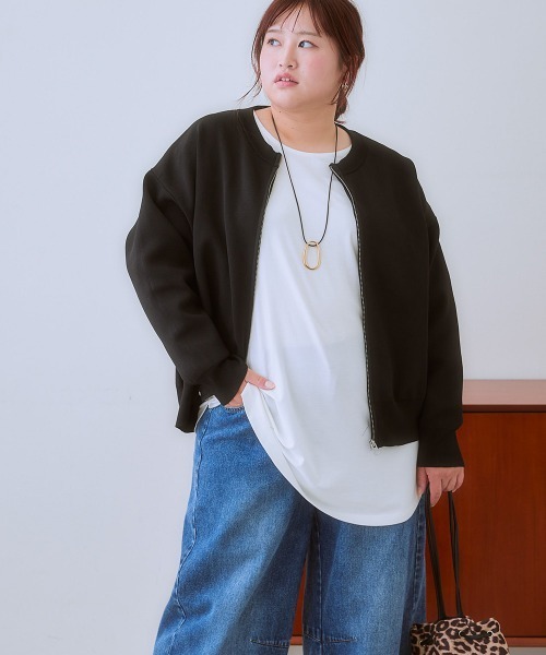 SMILE LAND（スマイルランド）の「＜大きいサイズ＞スポンジニットジップアップカーディガン（カーディガン/ボレロ・レディース・グリーン/ブラック・3L/5L/4L/LL/L）」の2枚目の写真