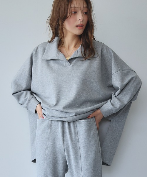 ELFRANK（エルフランク）の「ドライスウェット セットアップ 襟付き スキッパー カットソー クロップドパンツ 2点セット 上下セット（セットアップ・レディース・グレー/オフホワイト・S/M）」の15枚目の写真