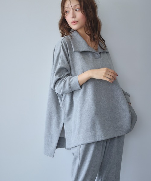 ELFRANK（エルフランク）の「ドライスウェット セットアップ 襟付き スキッパー カットソー クロップドパンツ 2点セット 上下セット（セットアップ・レディース・グレー/オフホワイト・S/M）」の16枚目の写真
