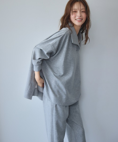 ELFRANK（エルフランク）の「ドライスウェット セットアップ 襟付き スキッパー カットソー クロップドパンツ 2点セット 上下セット（セットアップ・レディース・グレー/オフホワイト・S/M）」の17枚目の写真