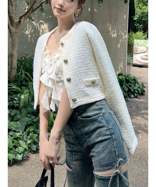 RESEXXY(リゼクシー)の「ノーカラーニットショートジャケット【セットアップ着用可能】(ノーカラージャケット・レディース・グレー/ブラック/ホワイト・FREE)」の3枚目の写真