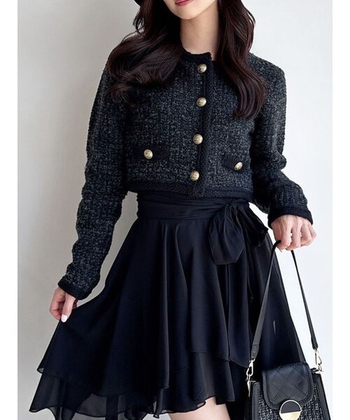 RESEXXY(リゼクシー)の「ノーカラーニットショートジャケット【セットアップ着用可能】(ノーカラージャケット・レディース・グレー/ブラック/ホワイト・FREE)」の1枚目の写真