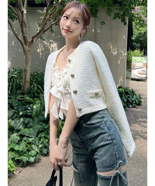 ノーカラーニットショートジャケット【セットアップ着用可能