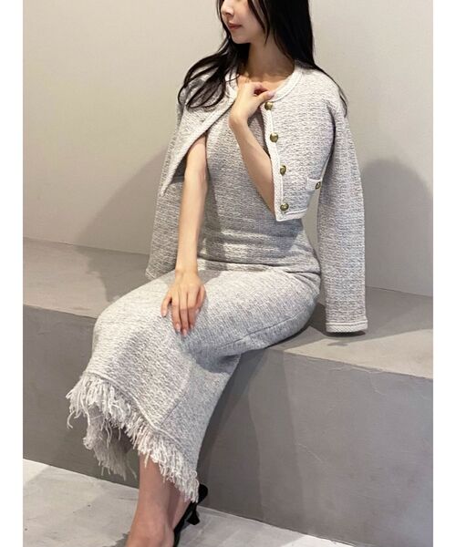 RESEXXY(リゼクシー)の「ノーカラーニットショートジャケット【セットアップ着用可能】(ノーカラージャケット・レディース・グレー/ブラック/ホワイト・FREE)」の4枚目の写真