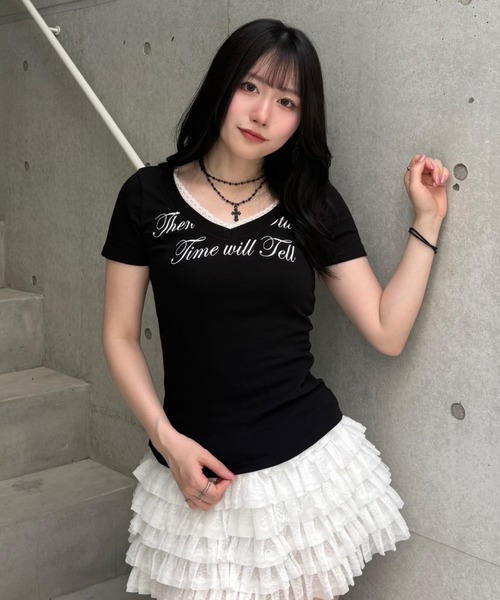 Lae(レイ)の「レースレタリングTシャツ(Tシャツ/カットソー・レディース・ブラック/ホワイト・MEDIUM/SMALL)」の7枚目の写真