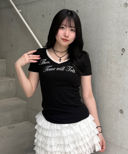 Lae(レイ)の「レースレタリングTシャツ(Tシャツ/カットソー・レディース・ブラック/ホワイト・MEDIUM/SMALL)」の8枚目の写真