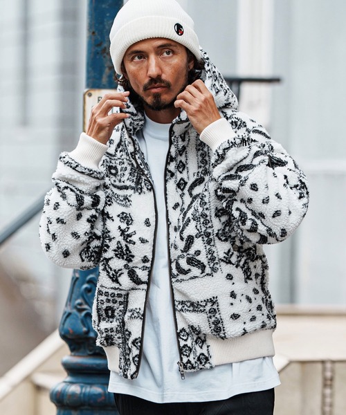 mj11045-Bandana Pattern Boa Hooded Blouson フーデッド