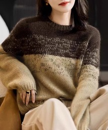 ニットセーター カラーグラデーションニット レディース 長袖 秋 冬 レトロ