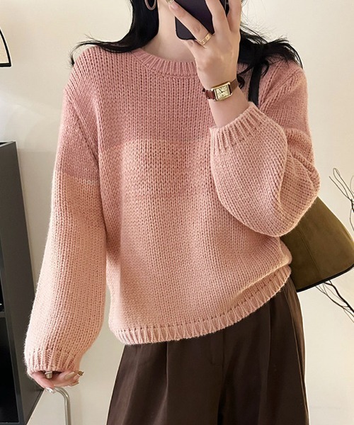 shoppinggo(ショッピングゴー)の「ニットセーター カラーグラデーションニット レディース 長袖 秋 冬 レトロ(ニット/セーター・レディース・ピンク/ブラウン・FREE)」の4枚目の写真