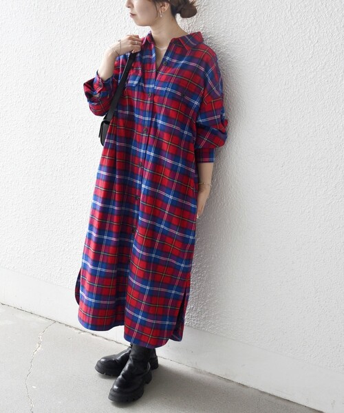 SHIPS any:〈洗濯機可能〉タータン チェック ロング シャツ ワンピース