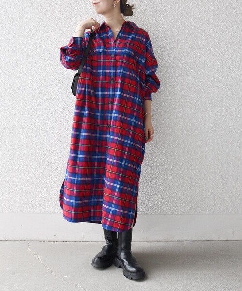 SHIPS any:〈洗濯機可能〉タータン チェック ロング シャツ ワンピース