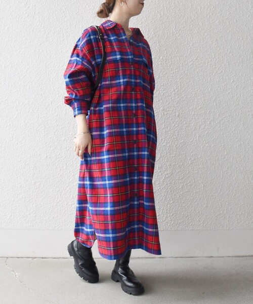 SHIPS any:〈洗濯機可能〉タータン チェック ロング シャツ ワンピース