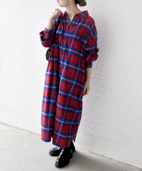 SHIPS any:〈洗濯機可能〉タータン チェック ロング シャツ ワンピース