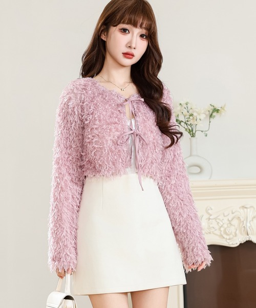 セール】フリンジ シャギー リボン ショート カーディガン