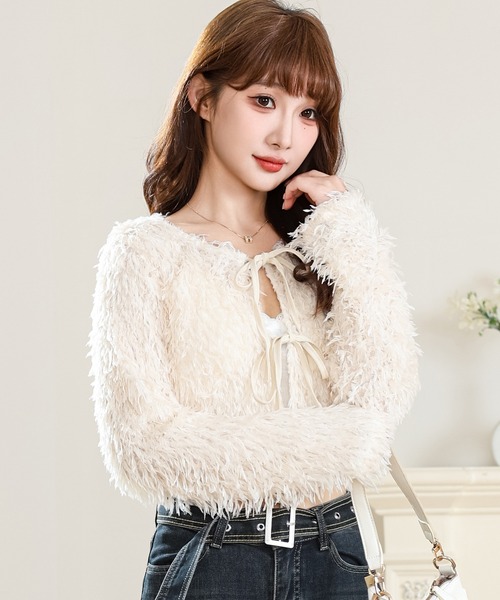 セール】フリンジ シャギー リボン ショート カーディガン