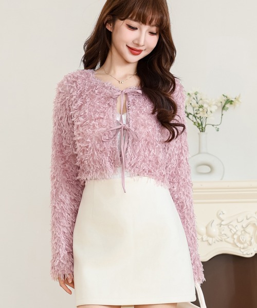 セール】フリンジ シャギー リボン ショート カーディガン