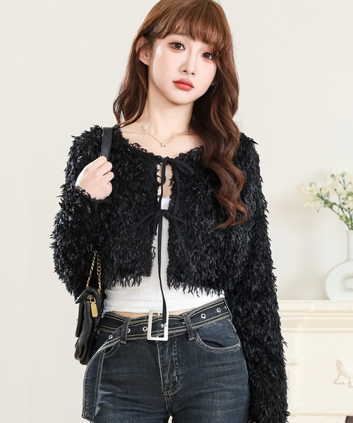 Anely(アネリー)の「フリンジ シャギー リボン ショート カーディガン(カーディガン/ボレロ・レディース・ピンク/ブラック/アイボリー・FREE)」の14枚目の写真
