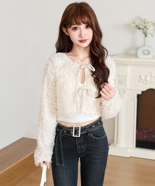 Anely(アネリー)の「フリンジ シャギー リボン ショート カーディガン(カーディガン/ボレロ・レディース・ピンク/ブラック/アイボリー・FREE)」の8枚目の写真