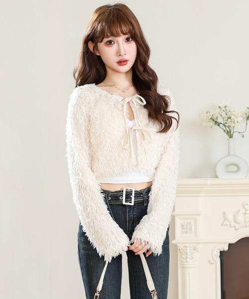 Anely(アネリー)の「フリンジ シャギー リボン ショート カーディガン(カーディガン/ボレロ・レディース・ピンク/ブラック/アイボリー・FREE)」の9枚目の写真