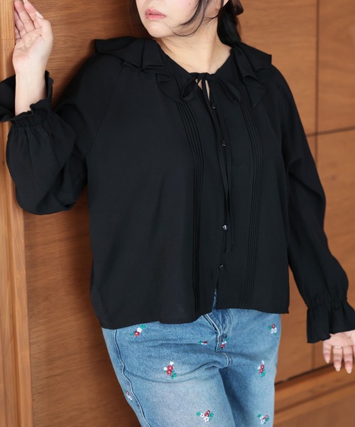 Ruwan yu(ルワンユー)の「フリルネックリボンブラウス【大きいサイズ対応】(シャツ/ブラウス・レディース・ピンク/ブラック・L/LL/3L/4L)」の12枚目の写真