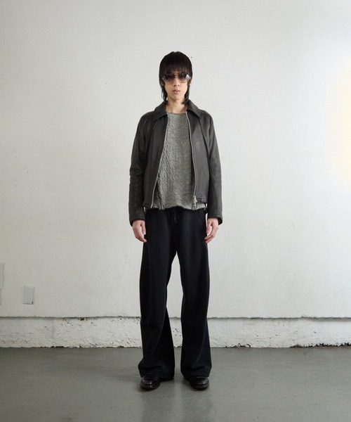 LEATHER PANELED ZIP UP JACKET（ライダースジャケット）｜NVRFRGT