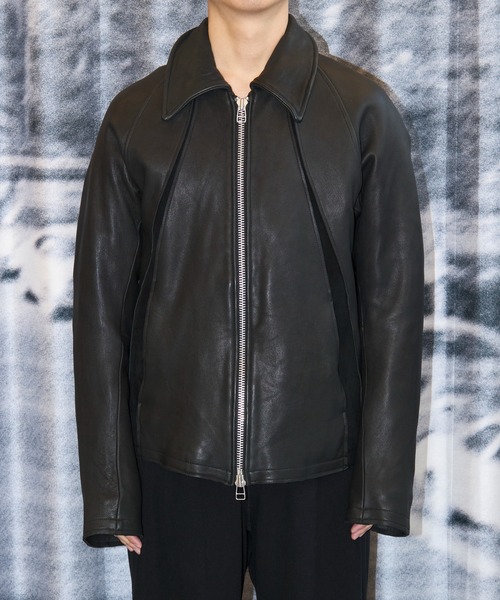 LEATHER PANELED ZIP UP JACKET（ライダースジャケット）｜NVRFRGT