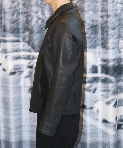 LEATHER PANELED ZIP UP JACKET（ライダースジャケット）｜NVRFRGT