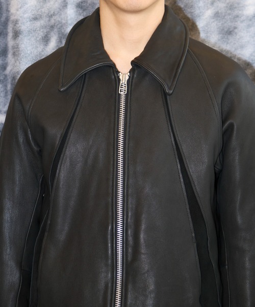 LEATHER PANELED ZIP UP JACKET（ライダースジャケット）｜NVRFRGT