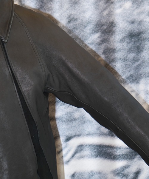 LEATHER PANELED ZIP UP JACKET（ライダースジャケット）｜NVRFRGT