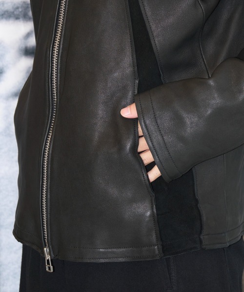 LEATHER PANELED ZIP UP JACKET（ライダースジャケット）｜NVRFRGT