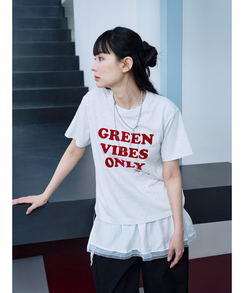 THE GREEN LAB（ザグリーンラボ）の「GREEN VIBES ONLY テクスチャーレタリング半袖Tシャツ [メランジグレー]（Tシャツ/カットソー・レディース・その他・FREE）」の2枚目の写真