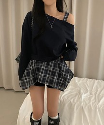 チェック柄イレヘムレイヤード風スウェットトップス