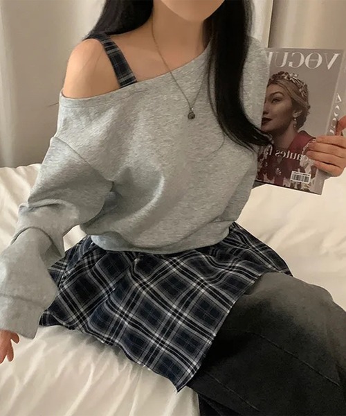 LYEON(リヨン)の「チェック柄イレヘムレイヤード風スウェットトップス(スウェット・レディース・グレー/ネイビー・FREE)」の1枚目の写真