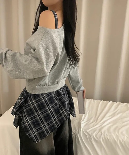 LYEON(リヨン)の「チェック柄イレヘムレイヤード風スウェットトップス(スウェット・レディース・グレー/ネイビー・FREE)」の10枚目の写真