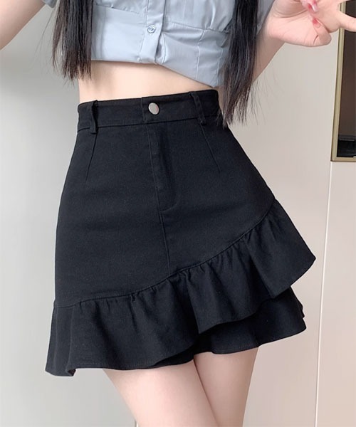 VIBGYOR Women(ヴィブジョー ウィメン)の「【Mayree】裾フレア フリルデザイン ミニスカート(スカート・レディース・ブラック・LARGE)」の4枚目の写真