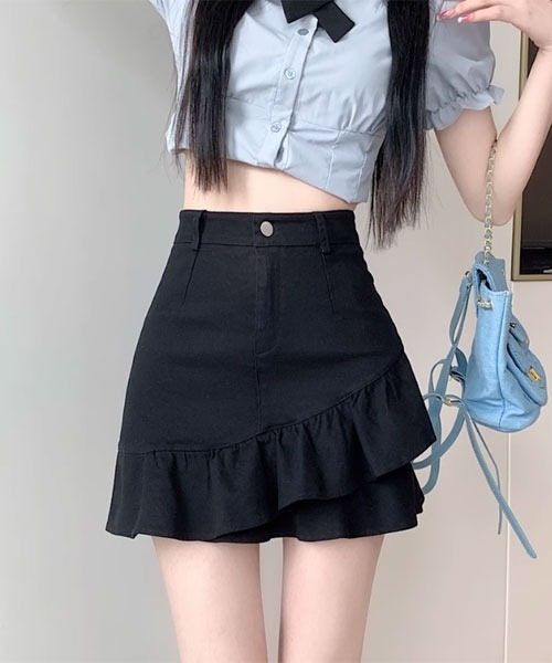 VIBGYOR Women(ヴィブジョー ウィメン)の「【Mayree】裾フレア フリルデザイン ミニスカート(スカート・レディース・ブラック・LARGE)」の3枚目の写真