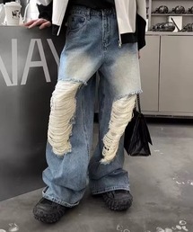 CELENA BEATS | クラッシュ ダメージ ワイド ストレート デニムパンツ(デニムパンツ)