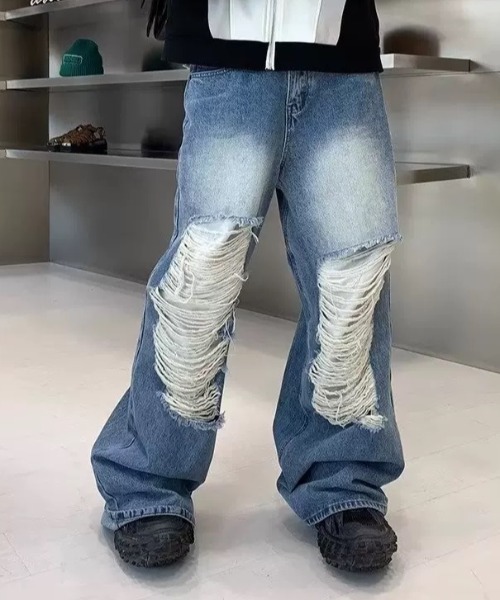 CELENA BEATS（セレナビーツ）の「クラッシュ ダメージ ワイド ストレート デニムパンツ（デニムパンツ・メンズ・ブルー/ブラック・L/M）」の11枚目の写真