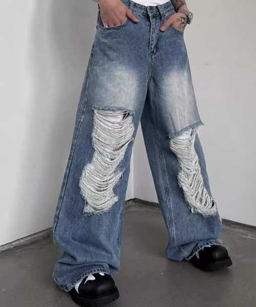 CELENA BEATS（セレナビーツ）の「クラッシュ ダメージ ワイド ストレート デニムパンツ（デニムパンツ・メンズ・ブルー/ブラック・L/M）」の3枚目の写真