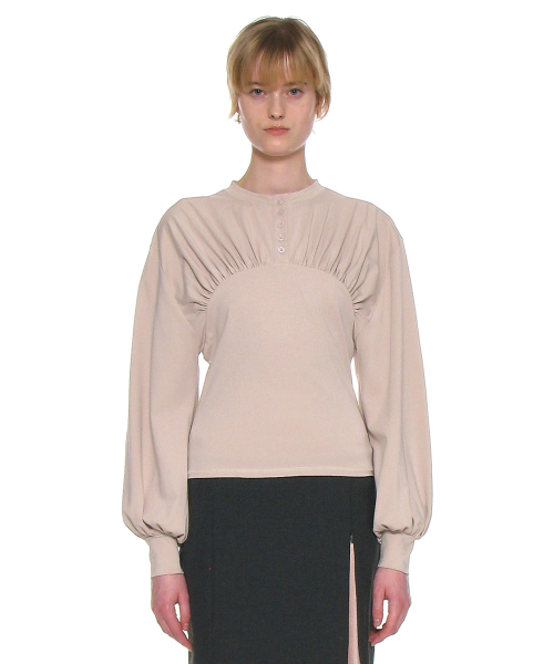 セール】シャーリングヘンリーネックロングスリーブT_ストーン（T