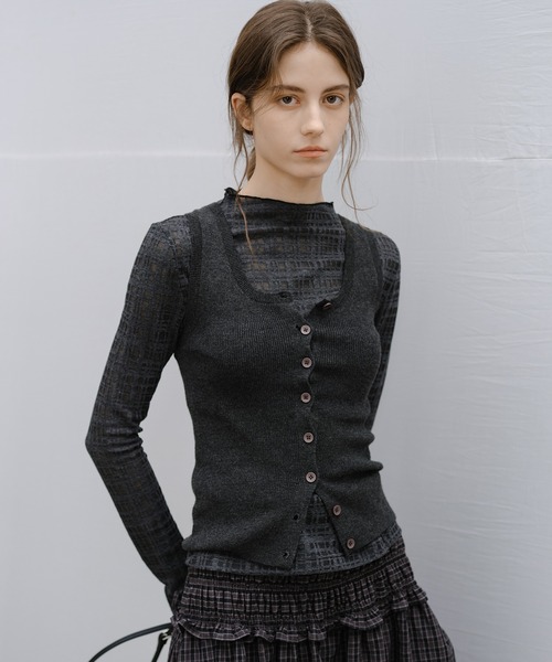 tageechita(タジチタ)の「【tageechita】チェックレース シアートップス(Tシャツ/カットソー・レディース・チャコールグレー/アイボリー・L/M/S)」の3枚目の写真