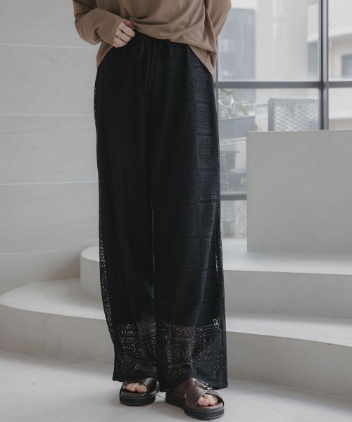 slattgir（スラットジール）の「高身長　ブロックレースワイドパンツ（トールサイズ）Essenave（その他パンツ・レディース・ブラック/オフホワイト・T5L/T4L/T3L/TLL/TL/TM）」の2枚目の写真