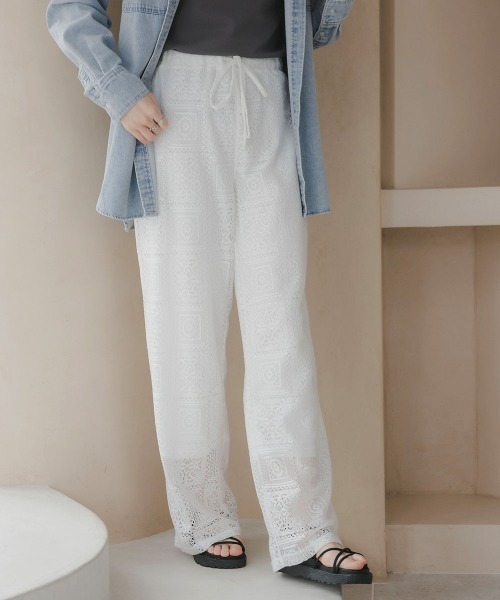 slattgir（スラットジール）の「高身長　ブロックレースワイドパンツ（トールサイズ）Essenave（その他パンツ・レディース・ブラック/オフホワイト・T5L/T4L/T3L/TLL/TL/TM）」の3枚目の写真