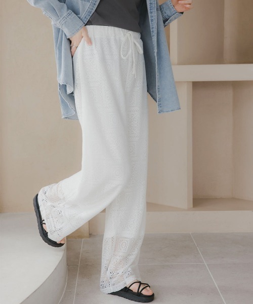 slattgir（スラットジール）の「高身長　ブロックレースワイドパンツ（トールサイズ）Essenave（その他パンツ・レディース・ブラック/オフホワイト・T5L/T4L/T3L/TLL/TL/TM）」の4枚目の写真