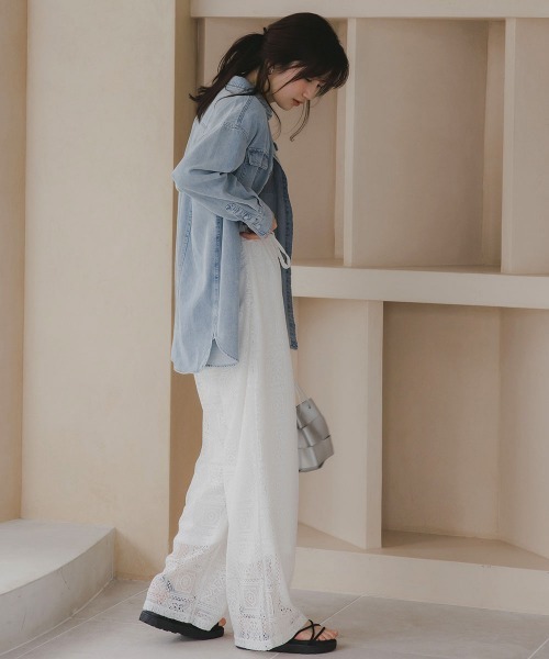 slattgir（スラットジール）の「高身長　ブロックレースワイドパンツ（トールサイズ）Essenave（その他パンツ・レディース・ブラック/オフホワイト・T5L/T4L/T3L/TLL/TL/TM）」の6枚目の写真